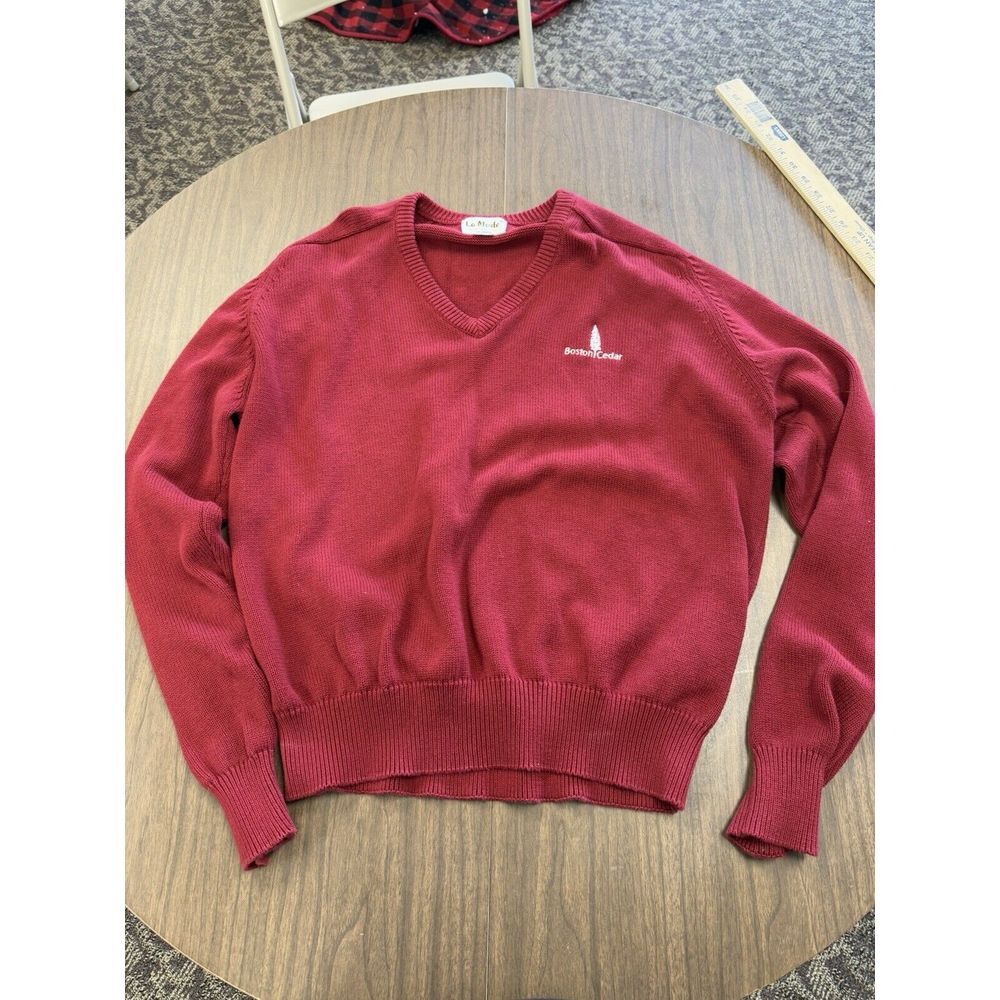 LA MODE Men's L Boston Cedar Red V Neck Cotton Sweater‎ Preppy Vintage